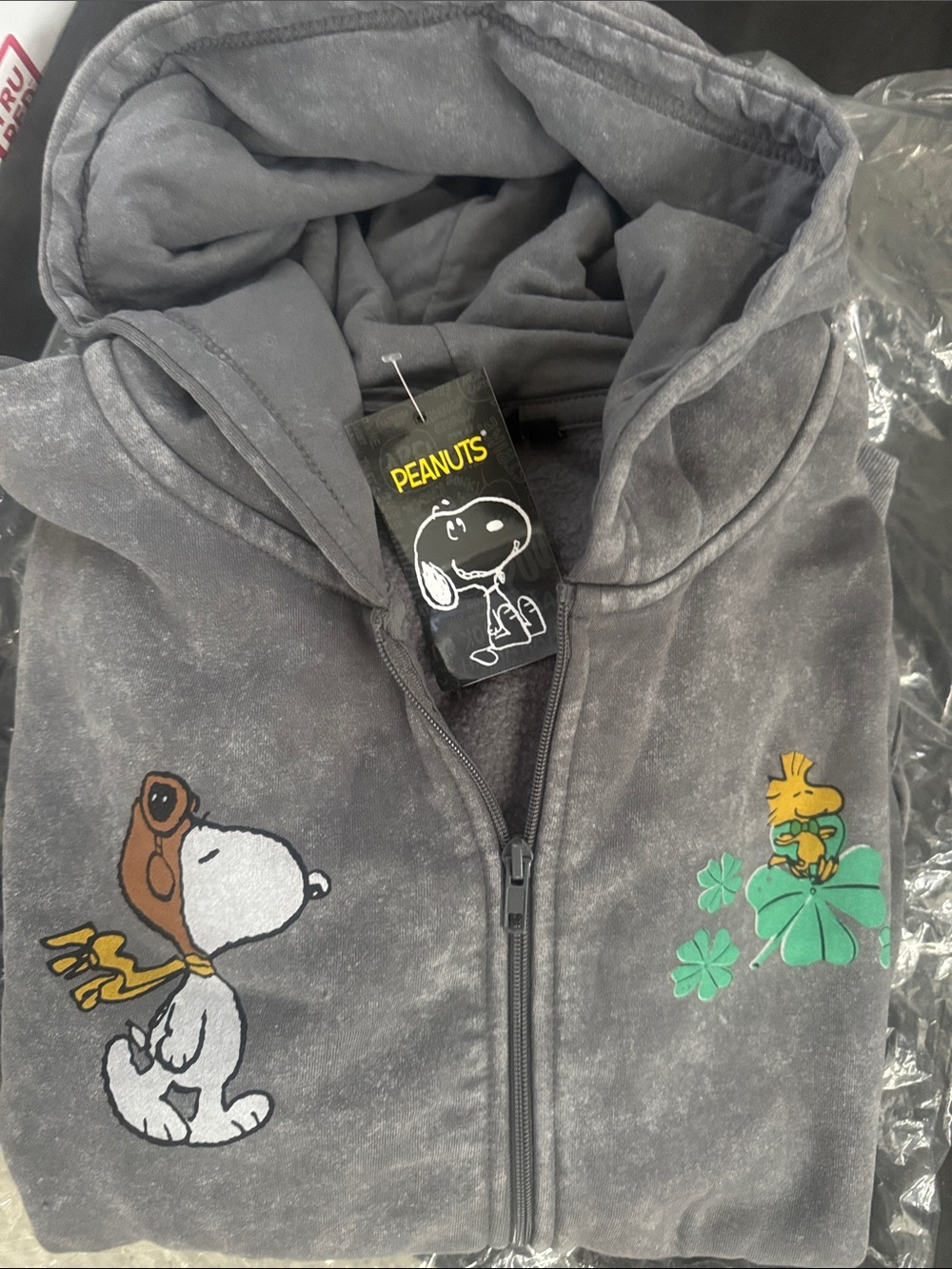Peanuts Grey Hoodie with Snoopy & Woodstock Aces high with Shamrock Embroidery